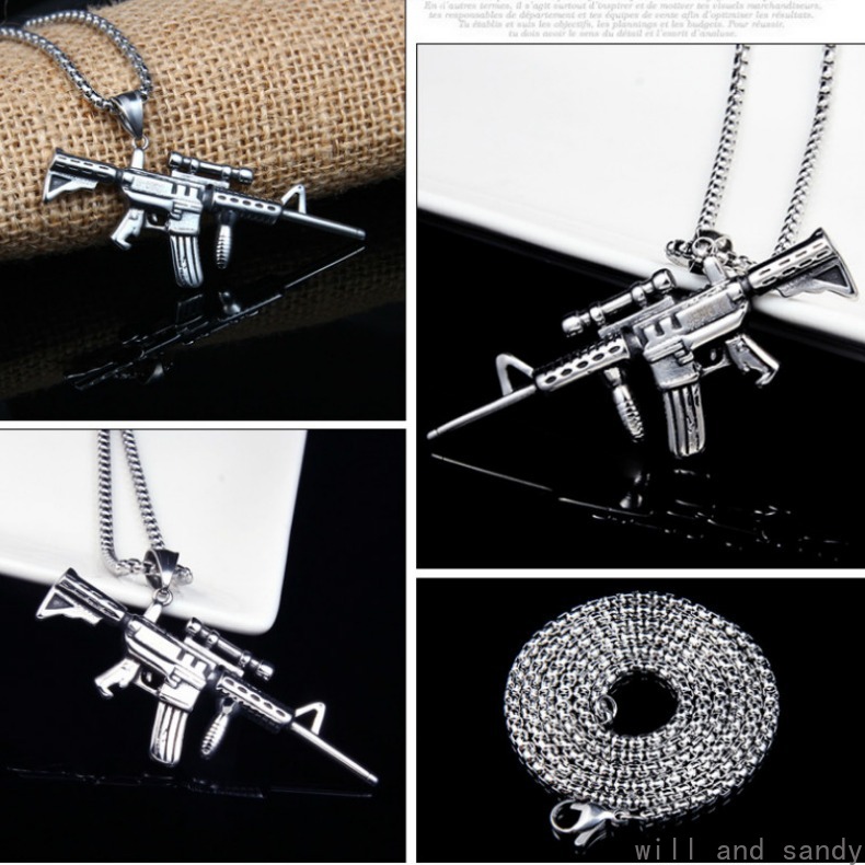 Non Tarnish Stainless Steel Machine Gun Necklace Hip Hop Chain Bird Owl Lion Dinosaur Skull Wings Pendant Fashion Jewelry for Men Anniversary Father B