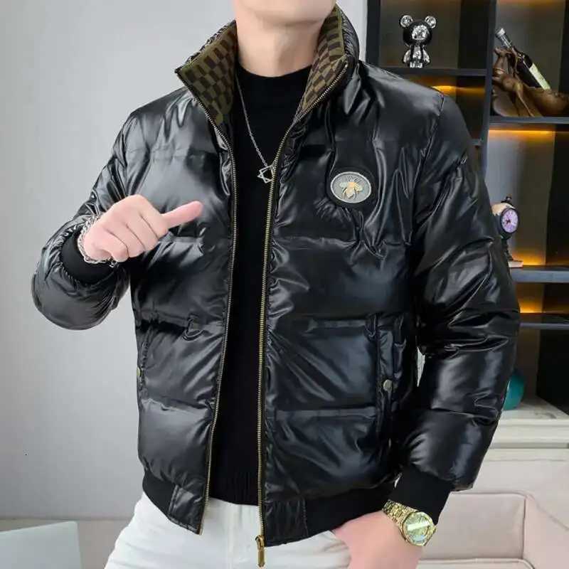2023 Stand Collar Shiny Down Solid Color Coat Men Winter Long Sleeve Jacket Letter Print Jacket Men Shiny Down Jacket Black W250722