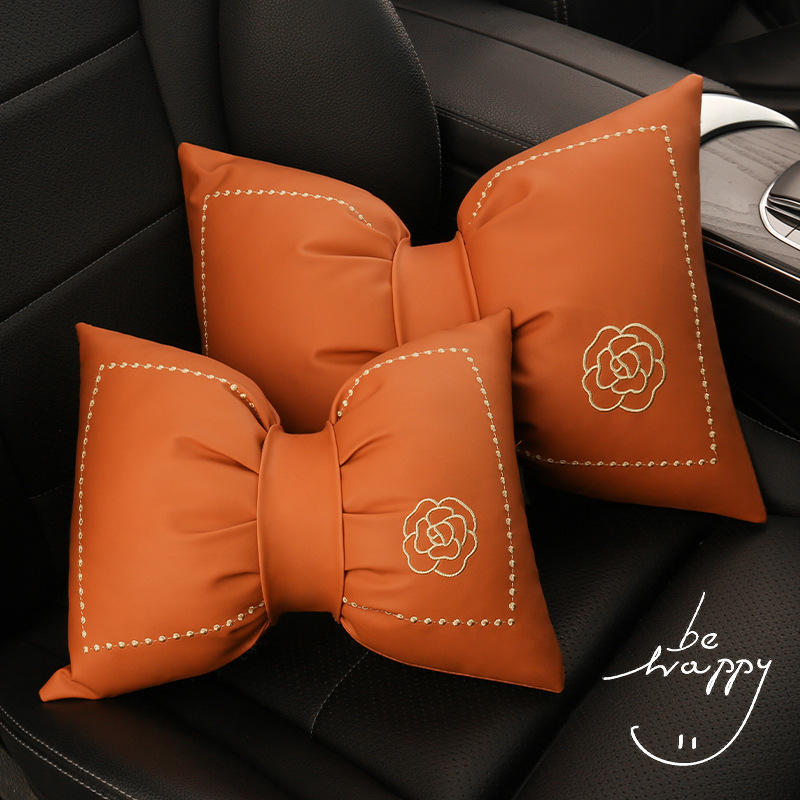 Leather Bow Embroidered Headrest Lumbar Support Set Car Neck Protection Waist Pillow Cushion
