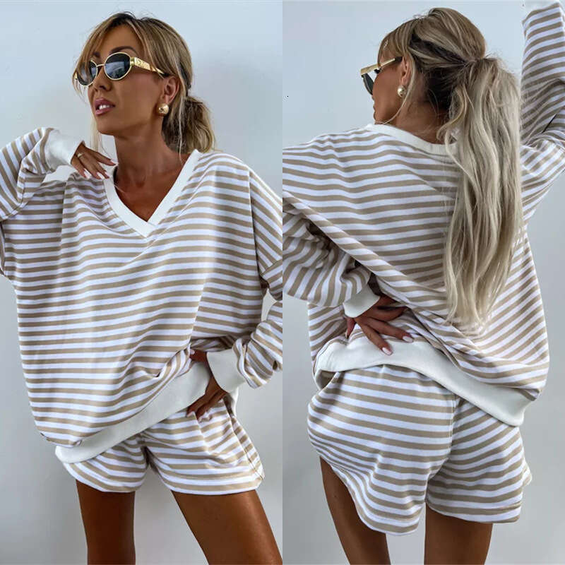 Summer New Women's Casual Striped Long Sleeve V-Neck Loose Top Sports Shorts 2-Piece Set For Women B5