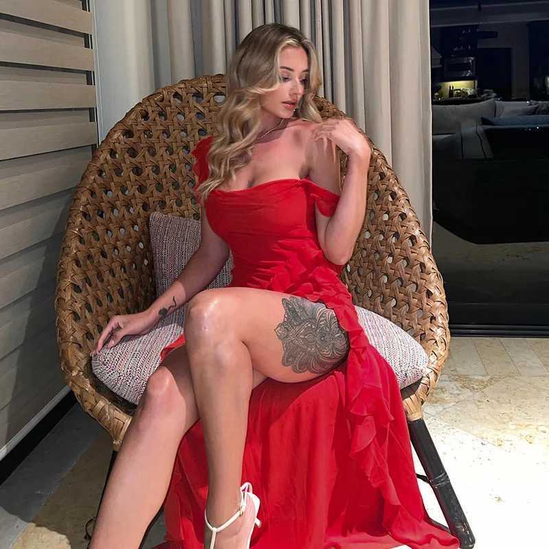 2025 Summer Women Sexy Backless Sleeveless Dresses High Waist Halter Party Dress Fashion Bodycon Split Irregular Ruffle XJ250722