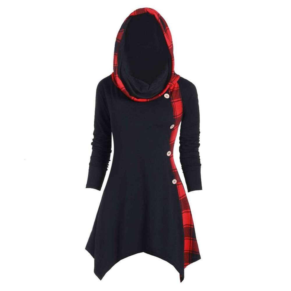 Autumn Winter Women's Color Block Plaid Double Layer Hooded Diamond Hem Mid-Length Dress Light Luxury B5