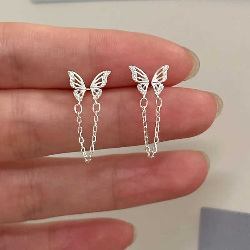 Fashion Silver Color Hollow Butterfly Stud Earrings for Women Girl Simple Double Ear Hole Tassel Chain Earrings Jewelry Gift XJ250722