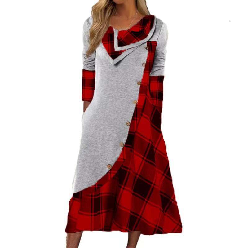 Women's Striped Plaid Patchwork Pocketed Pile Collar Plus Size Long Sleeve Dress B5