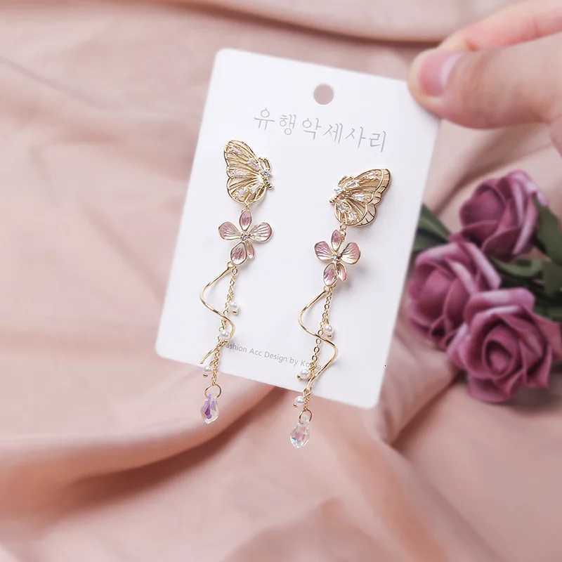 Korean Elegant Flower Butterfly Earrings For Women Exquisite Crystal Zircon Long Tassel Drop Earrings Girls Temperament Jewelry XJ250722
