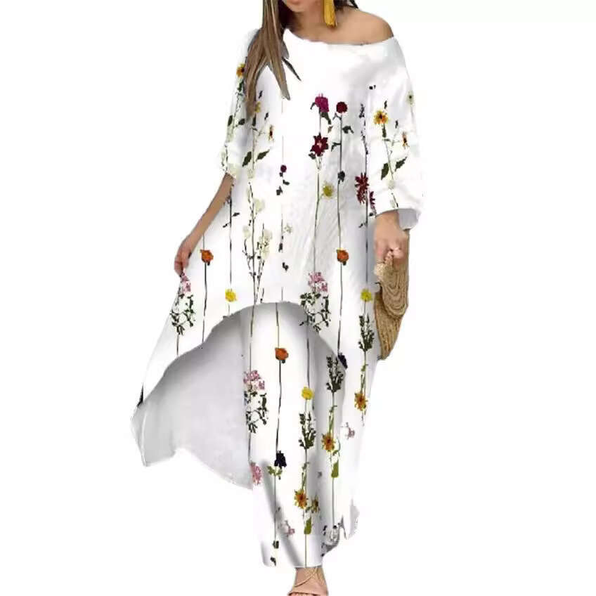 New Women's Fashion Casual Loose Irregular Print Nine-Quarter Sleeve Sunscreen Shirt Wide-Leg Pants Set B5