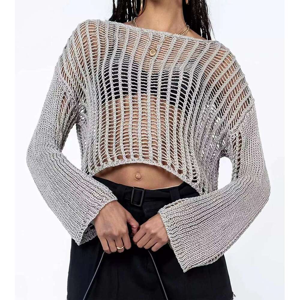 Spring Summer For Women Hand Crocheted Off-Shoulder Hollow-Out Women's Knitted Sweater B5