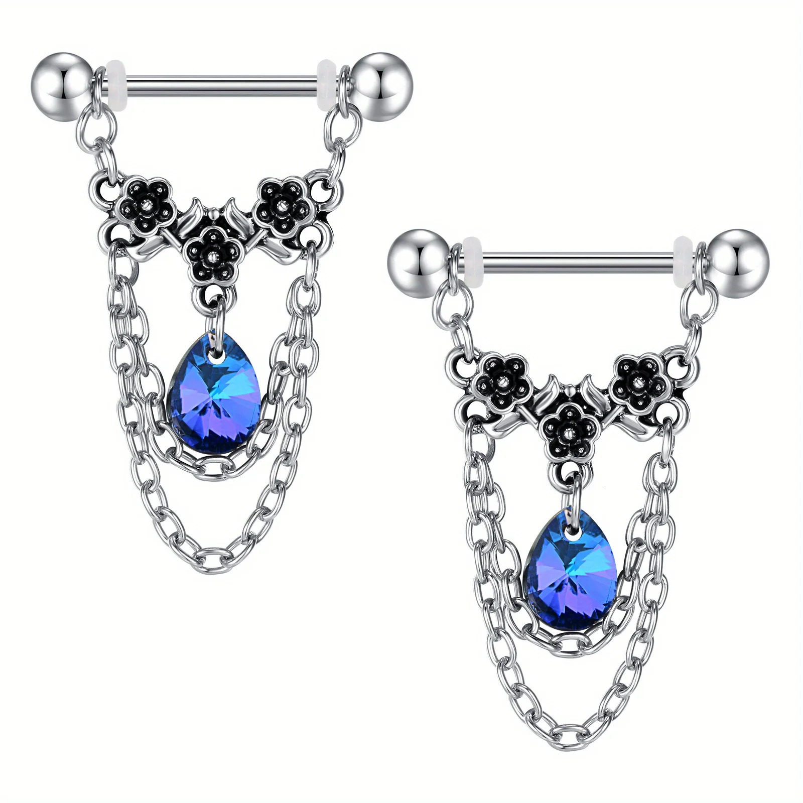 1pair Stainless Steel Nipple Rings Nipple Barbell With Chain CZ Nipple Piercing Jewelry 250722