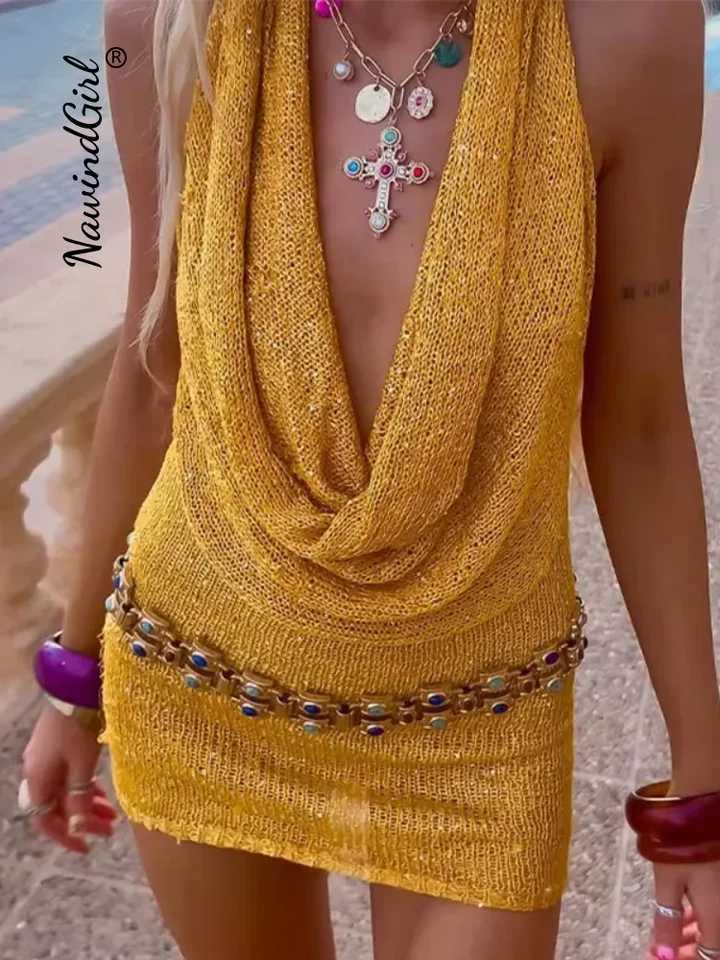 Sexy Sequin Halter Short Dress Women Backless Sleeveless Hip Package Party Dresses Fe 2025 Summer Chic Night Club Dress Lady XJ250722