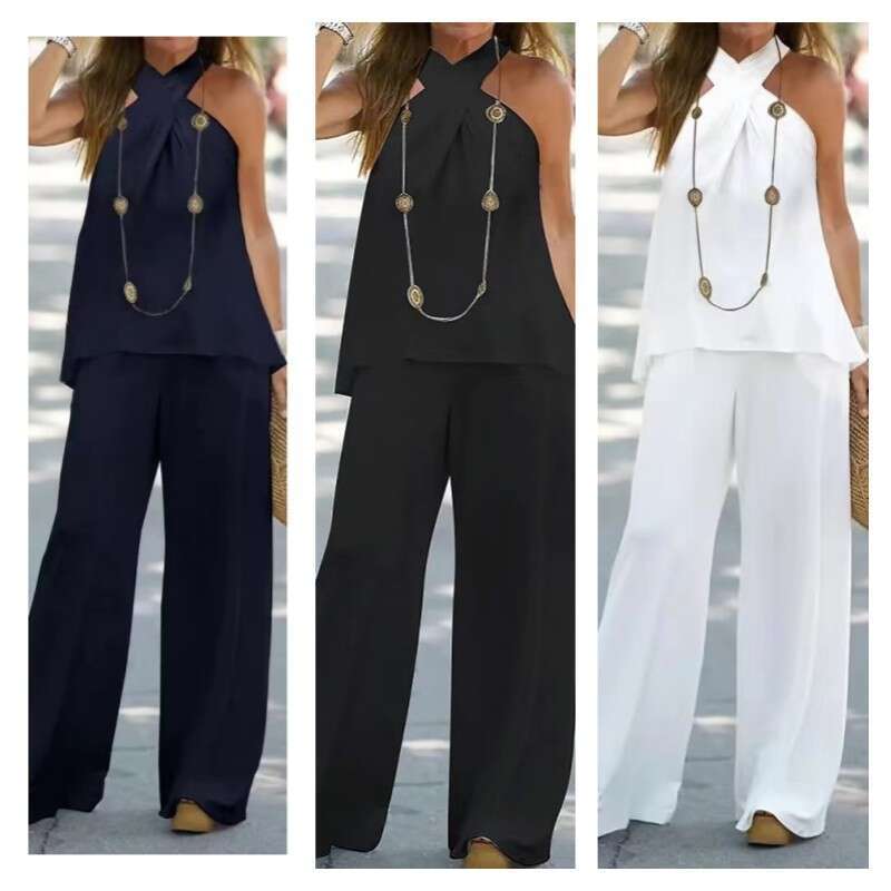 Women's Fashion New Casual Halter Neck Solid Color Sleeveless Wide Leg Long Pants Two-Piece Set B5