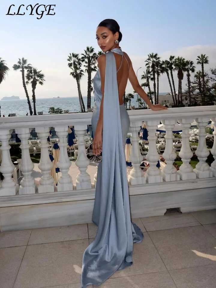 Ele Womens Ribbon Long Satin Party Dress Halter Backless Sleeveless Fe Dresses 2025 Summer Lady Solid Evening Gowns XJ250722