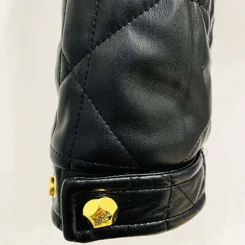 hoodie Classic Gold Buttons Black Leather Jacket Motorcycle Lapel Long Sleeves New in Outwears Ladies Slim Short Coats Women jacket