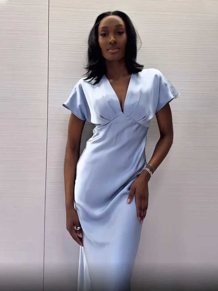 TRZA Summer Ele Pajama Style Midi Dresses For Women Short Sleeve Pleated Silk Satin Texture Vintage Solid V-neck Dress XJ250722
