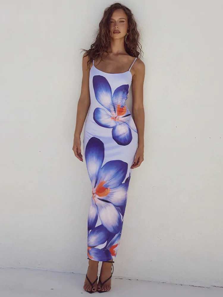 Mozision Floral Print Long Dress for Women Gown Summer New Spaghetti Strap Sleeveless Backless Bodycon Sexy Midi Dress Ele XJ250722