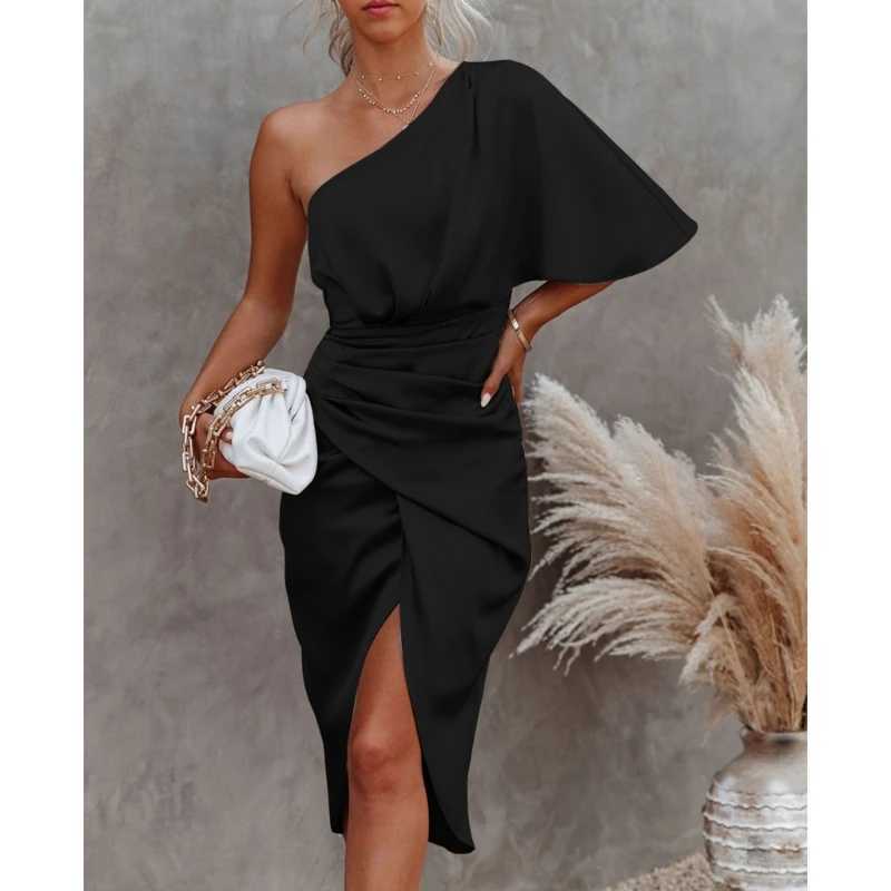 100% Satin One Shoulder Batwing Sleeve Ruched Bodycon Midi Long Dress Asymmetrical Wrap Front Cocktail Party Dresses XJ250722