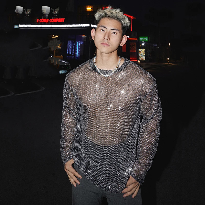 FEWQ Sequins Decoration Mens T-shirts Mesh Round Collar Tops Long Sleeved See-through Pullover Male Tees Niche 24K4819 250714