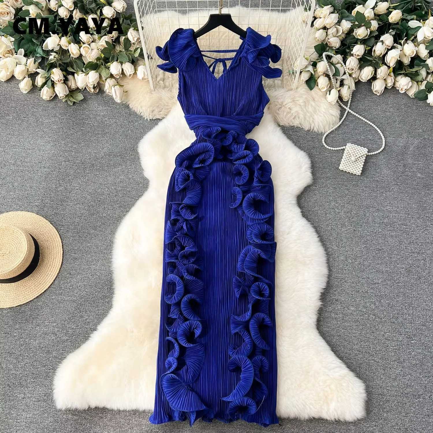 2025 CM.YAYA Women Ruffles Splicing V-neck Sleeveless Bodycon Midi Pleated Maxi Long Dress Birthday Sexy Club Party Even Dresses XJ250722