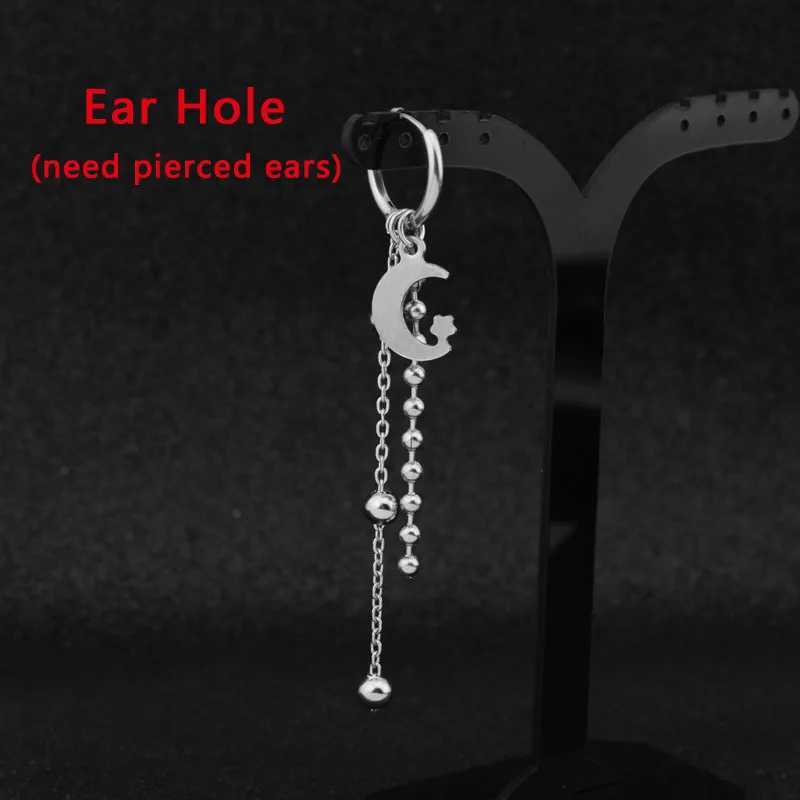 1 PC Boy Korean Punk Stainless Steel Cross Hoop Earring For Men Long Chain Tassel Moon Rock Hip Hop Piercing Stud JewelryXJ250722