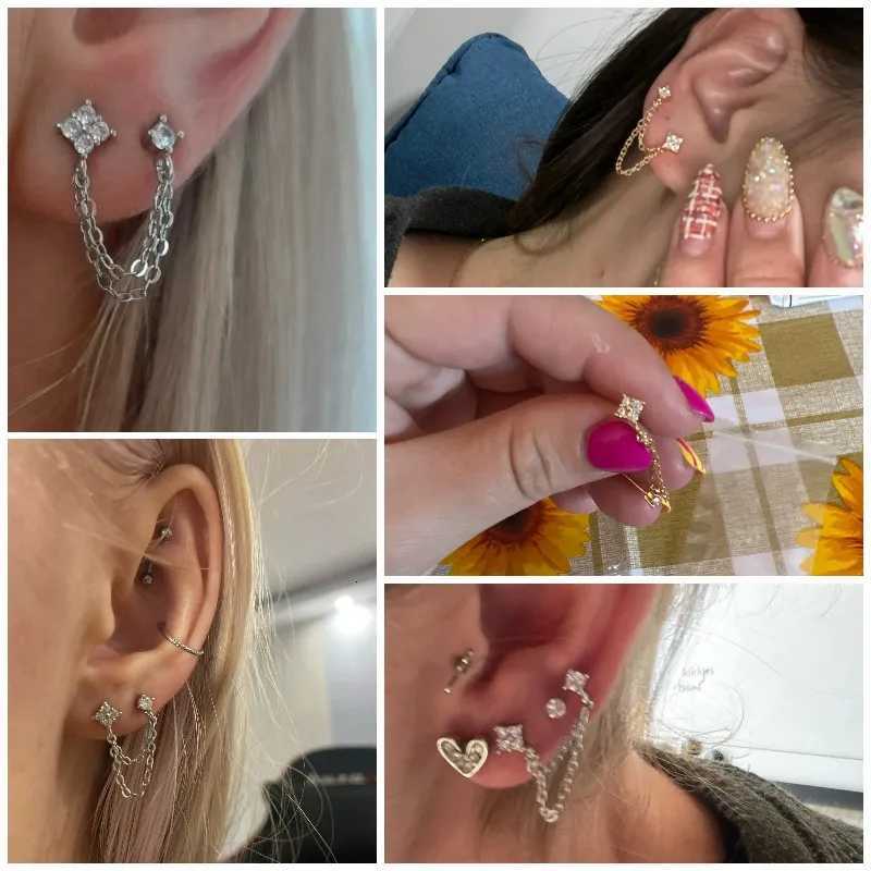 Huitan New Arrival Double Ear Studs Tassel Chains Hanging Earrings for Women Ear Piercing 3 Metal Colors Luxury CZ Hot Jewelry XJ250722