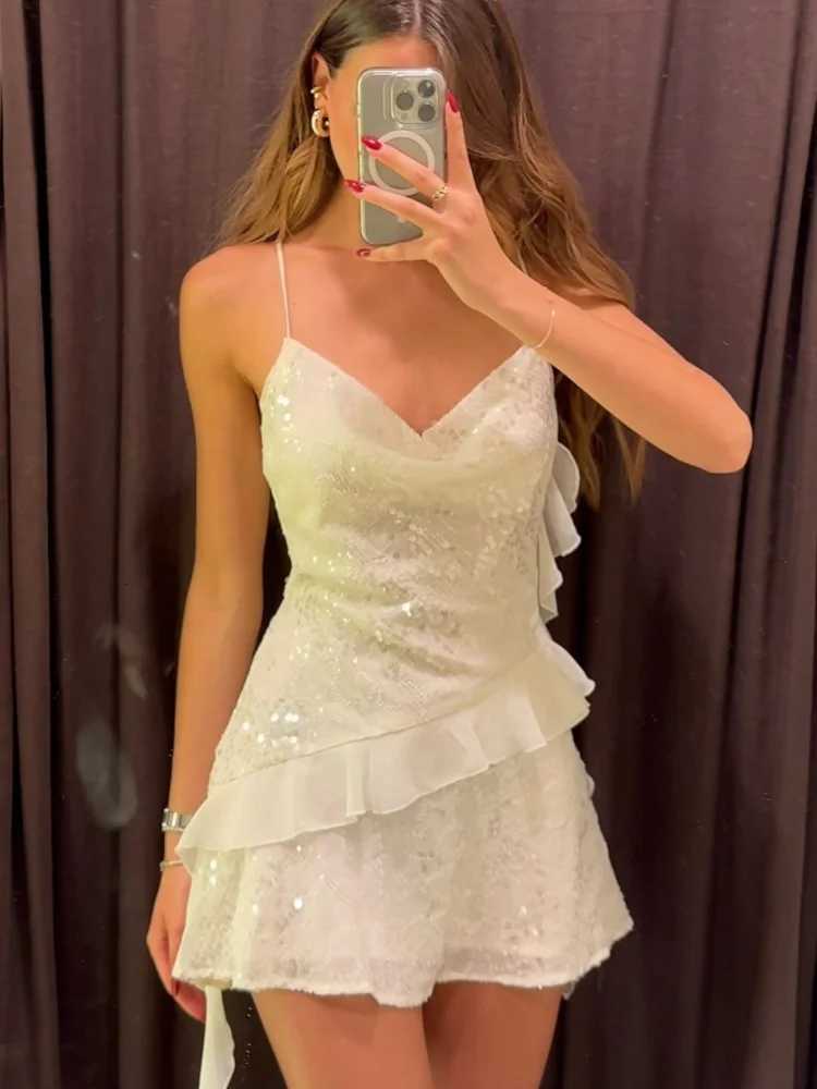 Ele White Sequin Dresses Womens 2025 Halter Neck Backless Vestidos Layered Ruffle V-neck Sleeveless Summer Party Prom Dress XJ250722