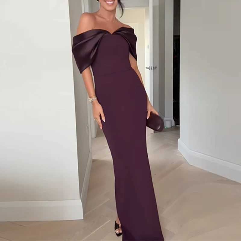 Fashion Color Blocked Splicing Evening Dress Off Shoulder Solid Slim Long Dress for Women Casual Short Sleeve Party Dresses XJ250722