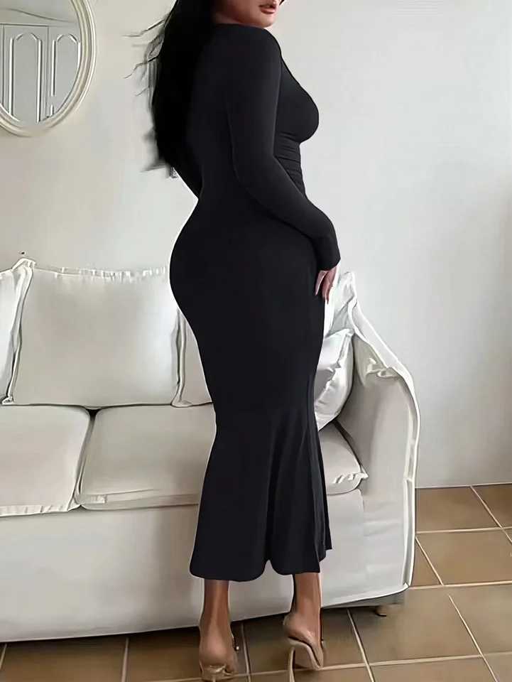 Womens Solid Long Sleeve Bodycon Dress Chic Basic Minimalist Casual Fashion Scoop Neck Long Dress Womens Wear XJ250722