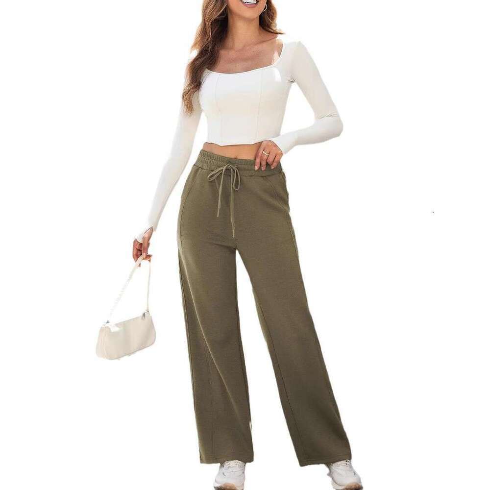 Women's Flowy Casual Straight Elastic Waist Drawstring Wide-Leg Pants B5