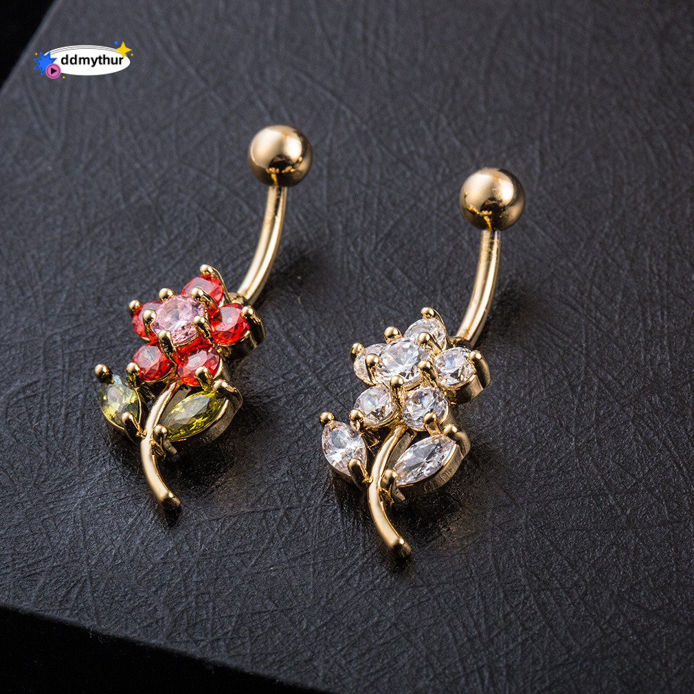 Ins Style Female Copper Material Cute Flower Shape Micro Inlaid Zircon Belly Button Ring Body Piercing Jewelry ddmythur
