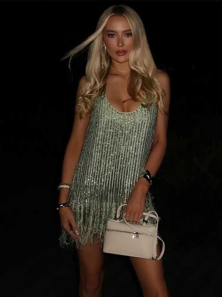 Sexy Sequin Tassel Mini Dress Women Sleeveless O-neck Feather Fe Party Dresses 2025 Summer New Vacation Beach Lady Gown XJ250722