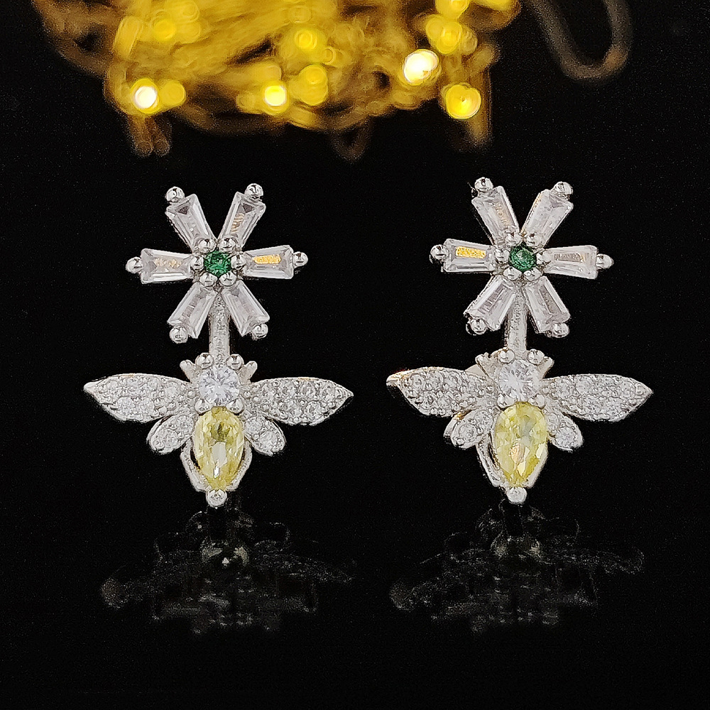 Silver - Tone Flower And Bee - Shaped Earrings With Rhinestone And Colored Gem Accents Charming Party Jewelry And Gift For Her High Quality And Unique