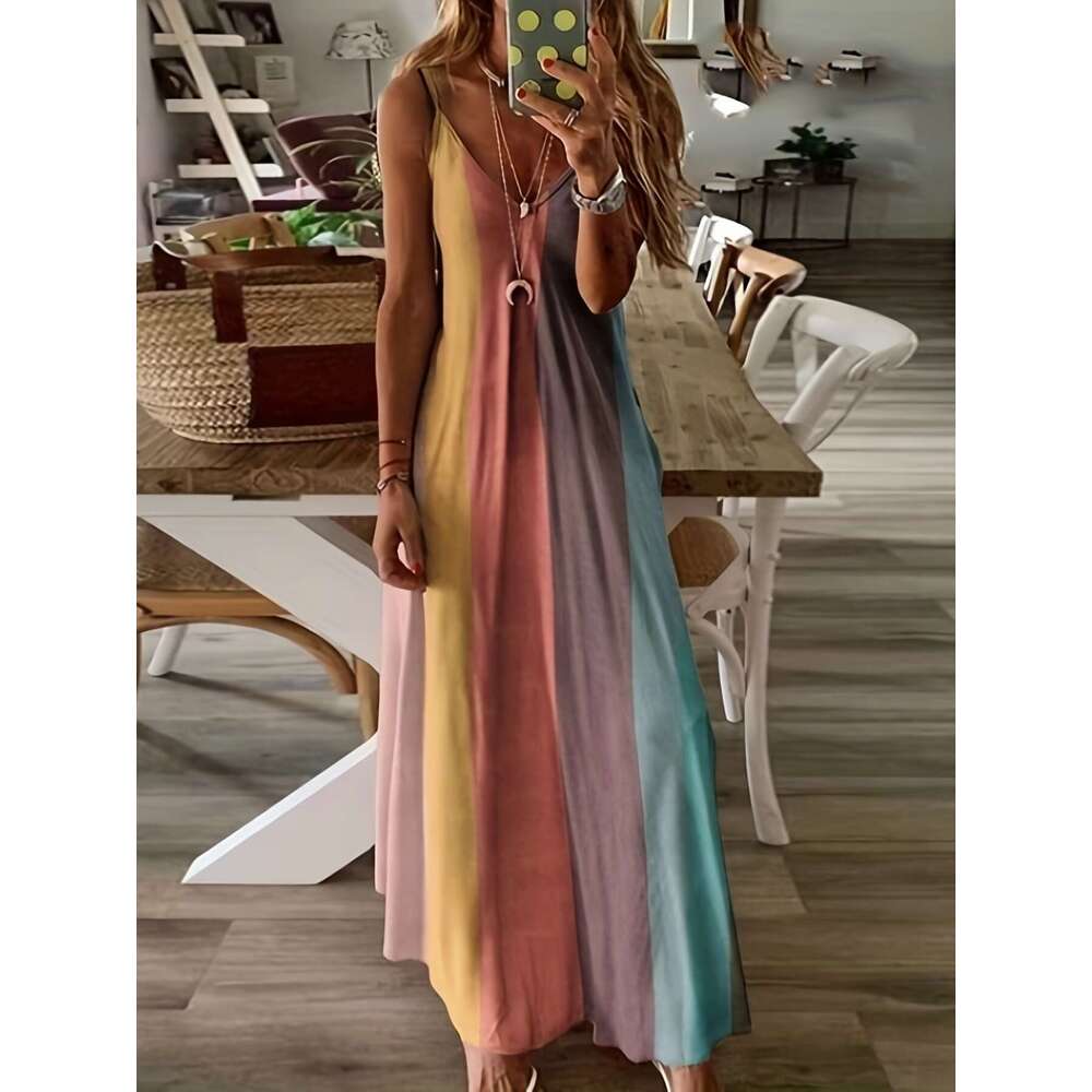 Summer Women's Long Slim Fit Colorful Gradient New Printed Strap Dress B5