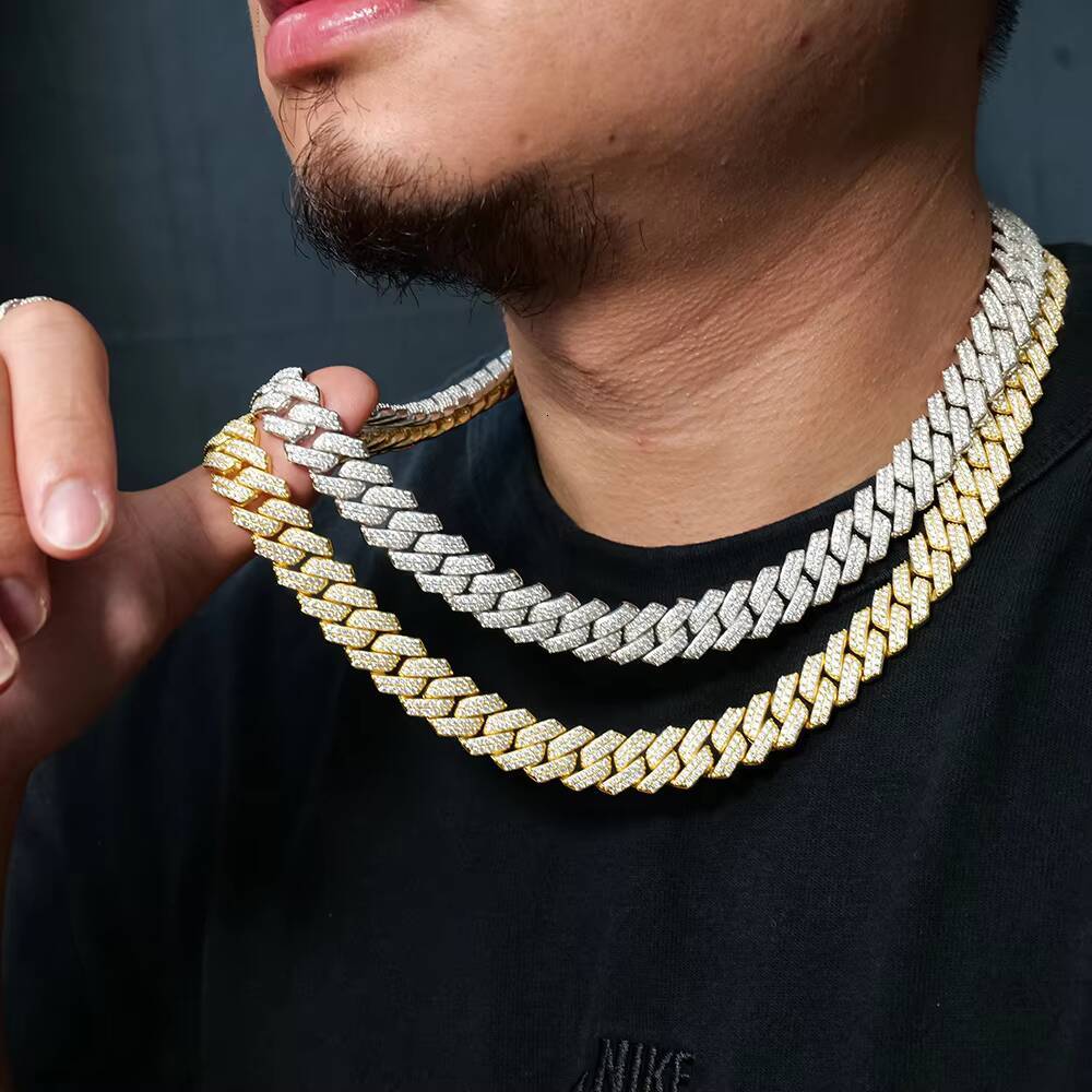 Top Fashion High Quality S925 Hip-Hop Jewelry Gold Plated 14mm Prong Link Cuban Moissanite Cuban Chain Necklace for Wholesale