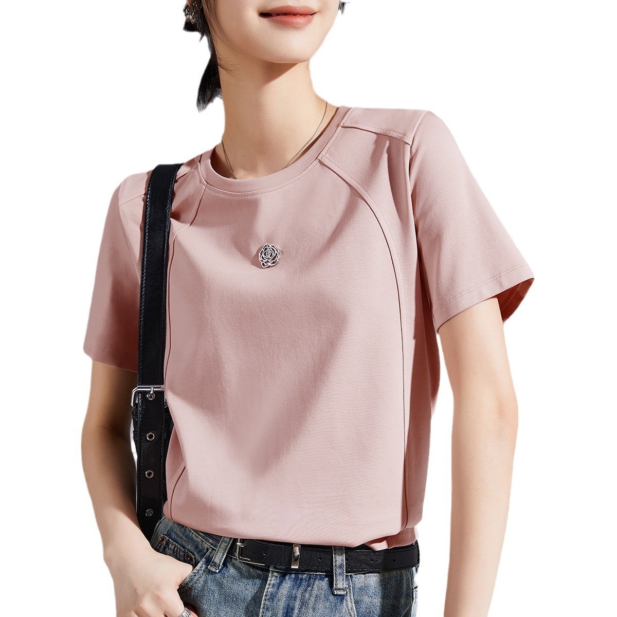 Camellia Liquid Ammonia White Short Sleeve Regular Shoulder TShirt for Women 25 Summer Mercerized Cotton Round Neck Base Shirt Womens TShirt Half Slee