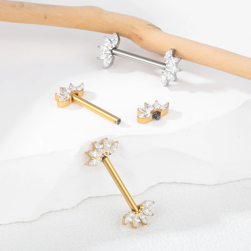 1Pc Nipple Barbell Ring CZ Crystal Gold Plated Dangled Shield Barbell for Women Internally Thrteaed Nipple Piercing 250722