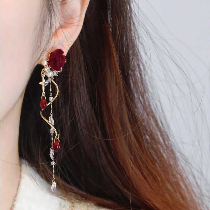Luxury Crystal Velvet Rose Flower Tassel Earrings for Women Temperament Long Hanging Earrings Girls Bridal Party Wedding Jewelry XJ250722