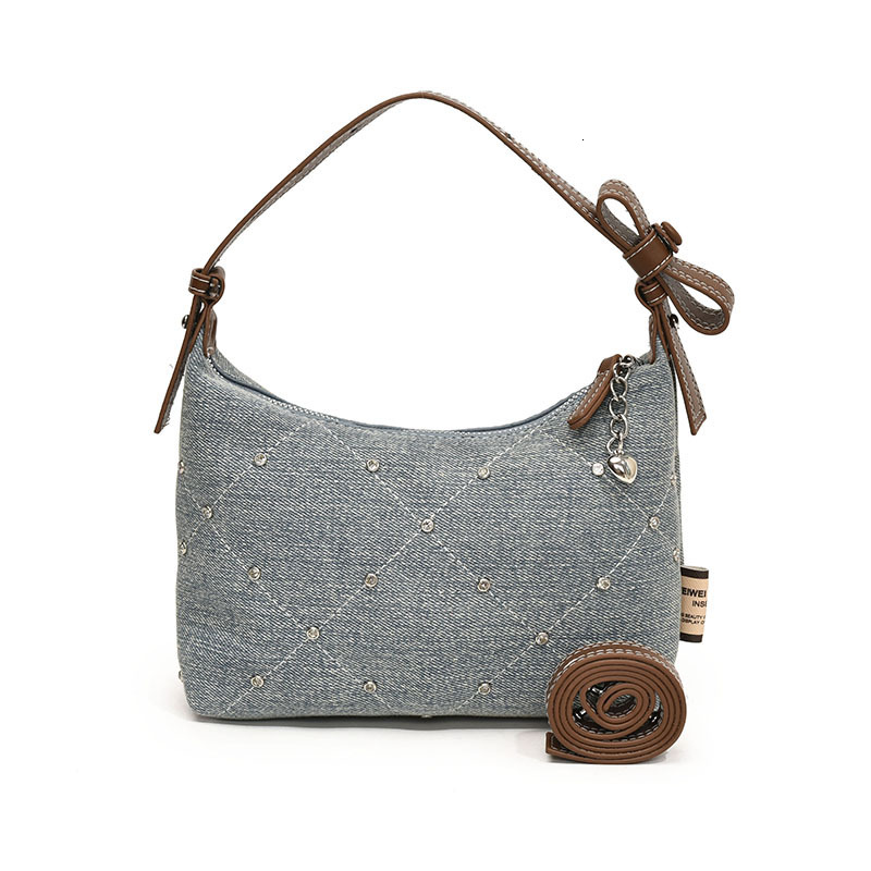Summer new women's crossbody bag niche design denim armpit fashion handbag designer rhinestone rivet diamond grid shoulder