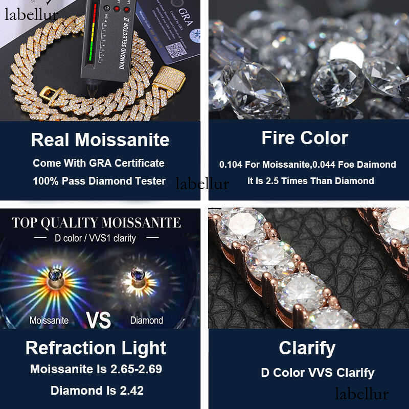 Pendant Necklaces Pass Diamond Test Hip Hop Jewelry Vvs Stone Shiny 2row 3row 4row Men 925 Sterling Silver Necklace Moissanite Cuban Link Chain
