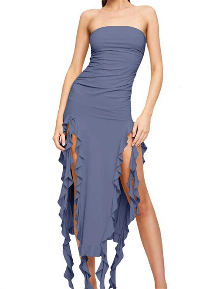 Sexy Strapless Off Shoulder Midi Dress Women Ruffles Split Beach Dress 2024 Summer Slim Fit Party Vestido XJ250722