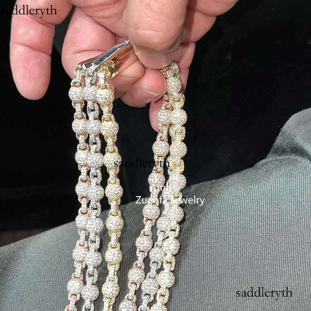 Hip Hop Round Bead 3d Design Chains Men Necklace Moissanite Dia Vvs Hand Setting Sterling Sier