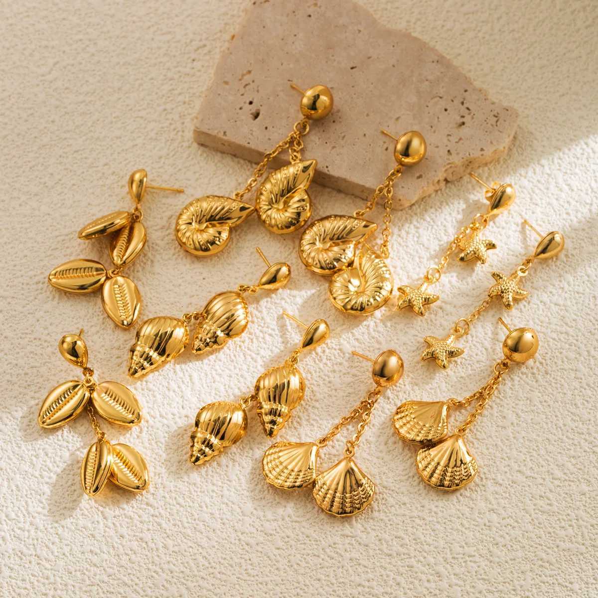 New Trend Stainless Steel Shell Earrings for Women Waterproof Conch Starfish Long Tassel Metal Earring Beach Party Jewelry Gift XJ250722