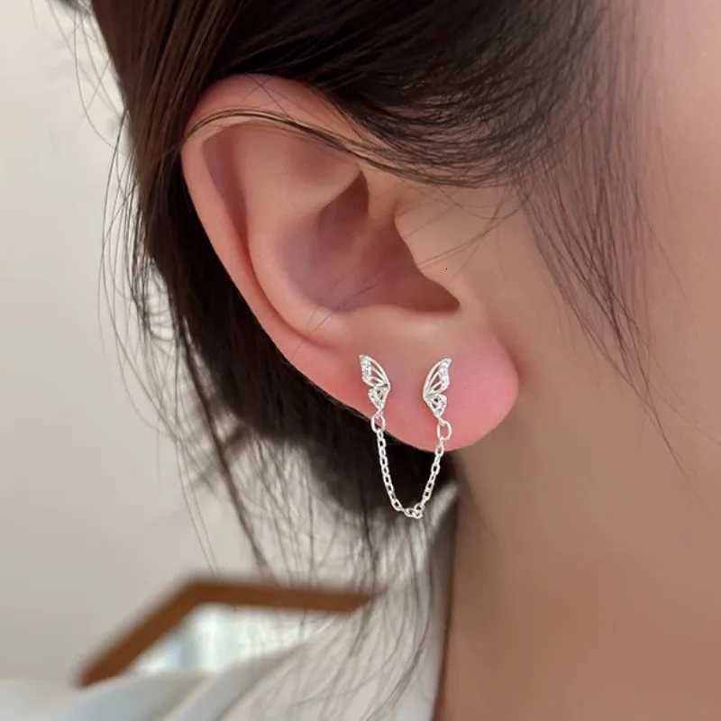 Fashion Silver Color Hollow Butterfly Stud Earrings for Women Girl Simple Double Ear Hole Tassel Chain Earrings Jewelry Gift XJ250722
