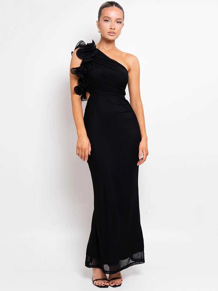 Mozision Shoulder Floral Mesh Ruched Sexy Maxi Dress For Women Gown Oblique Shoulder Sleeveless Backless Bodycon Long Dress XJ250722
