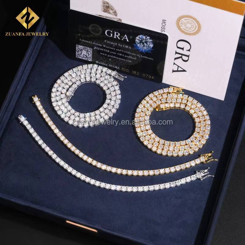 Ship From USA Hot Selling Iced Out Hip Hop Silver S925 4mm VVS1 Moissanite Diamond GRA Certificate Tennis Chain Bracelet Set