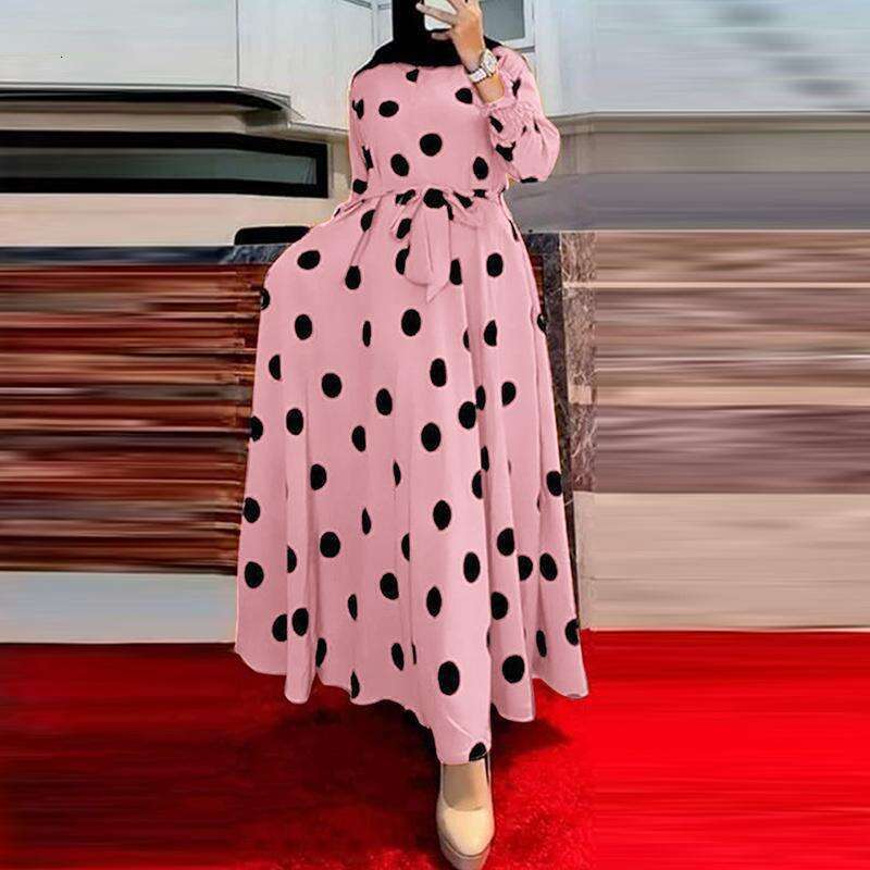 New Muslim Series Polka Dot Women's Long Sleeve Loose Fit Maxi Dress B5