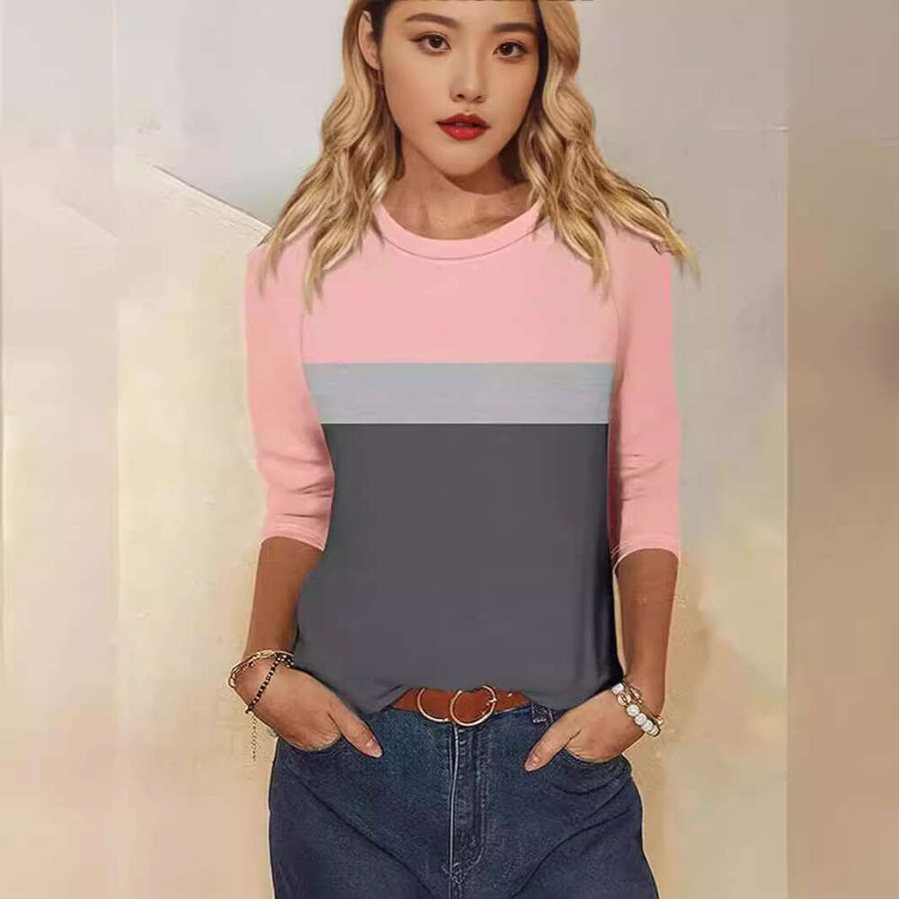 Women's Solid Color Block Ins Casual Fashion Three-Quarter Sleeve T-Shirt Round Neck Top B5