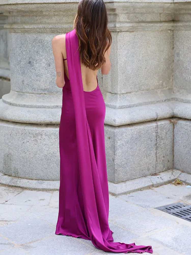 Fashion Solid Satin Halter Maxi Dress for Women Scarf Collar Backless Sleeveless Long Dress Lady Holiday Evening Party Dresses XJ250722