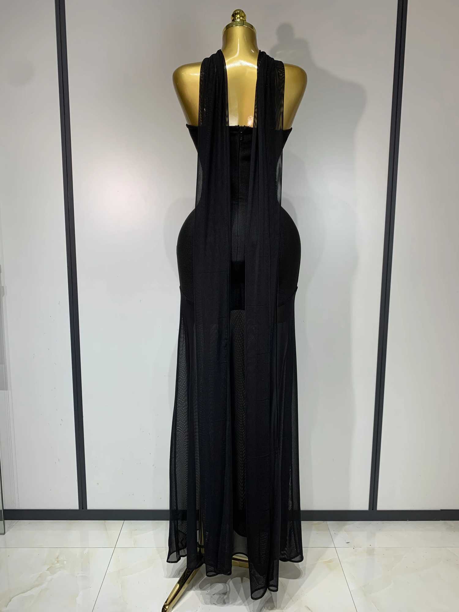 Sexy Strapless Long Bandage Dress Black Mesh Patchwork Evening Party Gowns Bodycon Birthday Dresses XJ250722