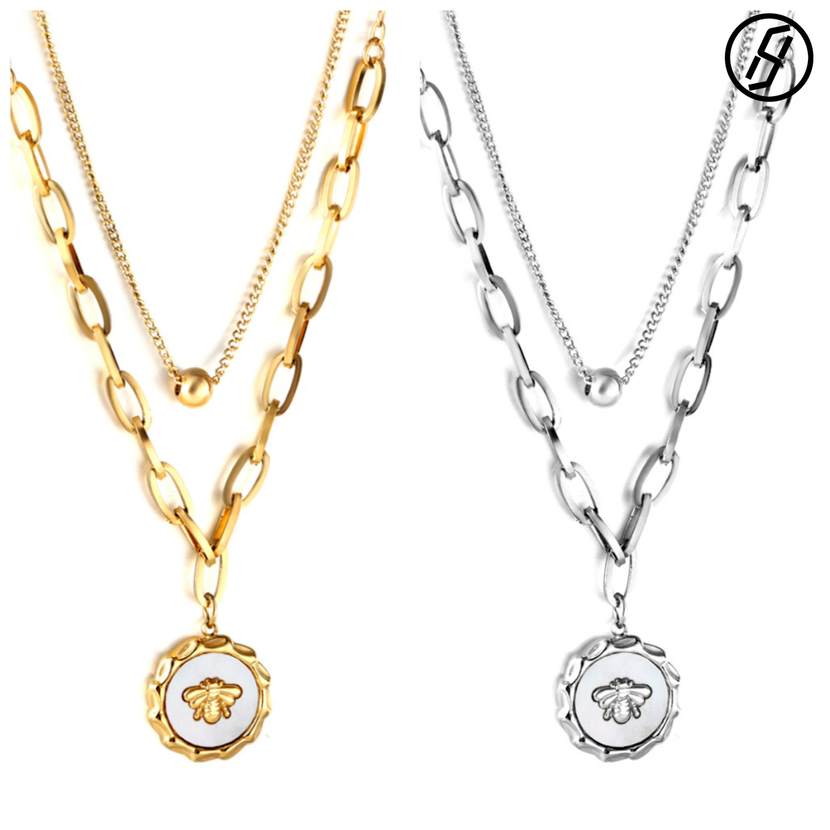 Japanese Korean Style Fashion Titanium Steel Pendant Inlaid with Zircon Trendy Personalized Accessories Three-ring Buckle Bee Necklace Designer Women&