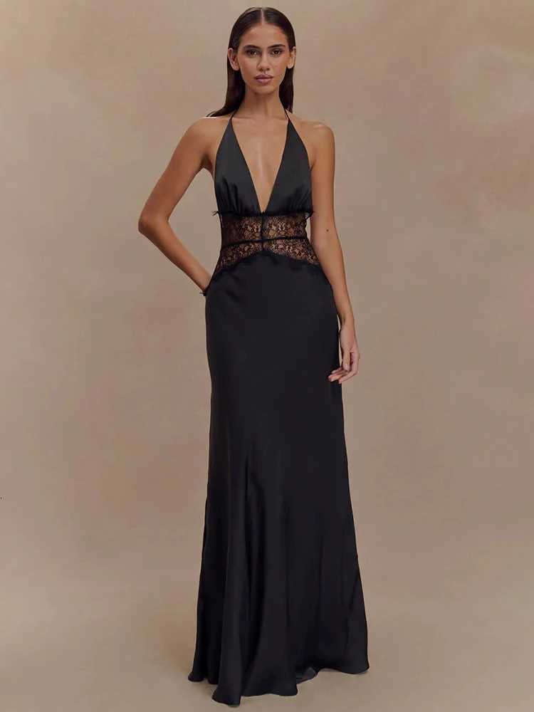 Mozision Summer Backless Sexy Maxi Dress Women Gown Patchwork Lace Halter Deep V Neck Sleeveless High Waist Long Dress XJ250722