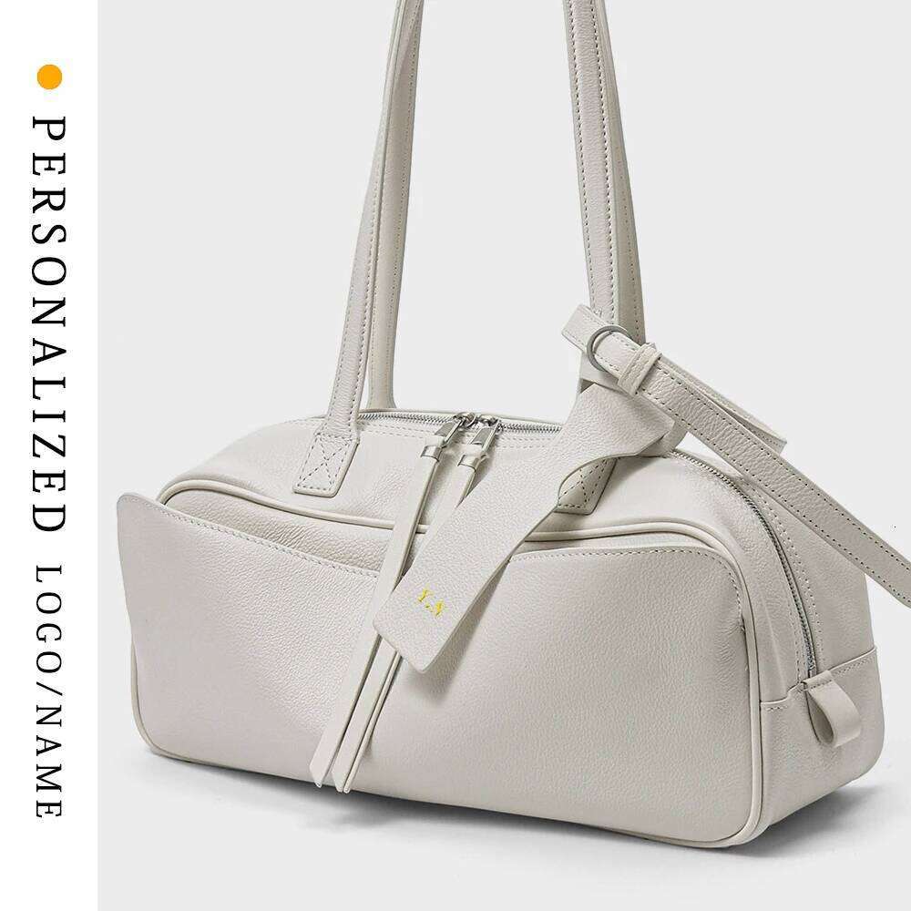 Free Gold Stamping Letter Spring and Summer Genuine Leather Bowling New Women's Bag Simple First Layer Cowhide Boston